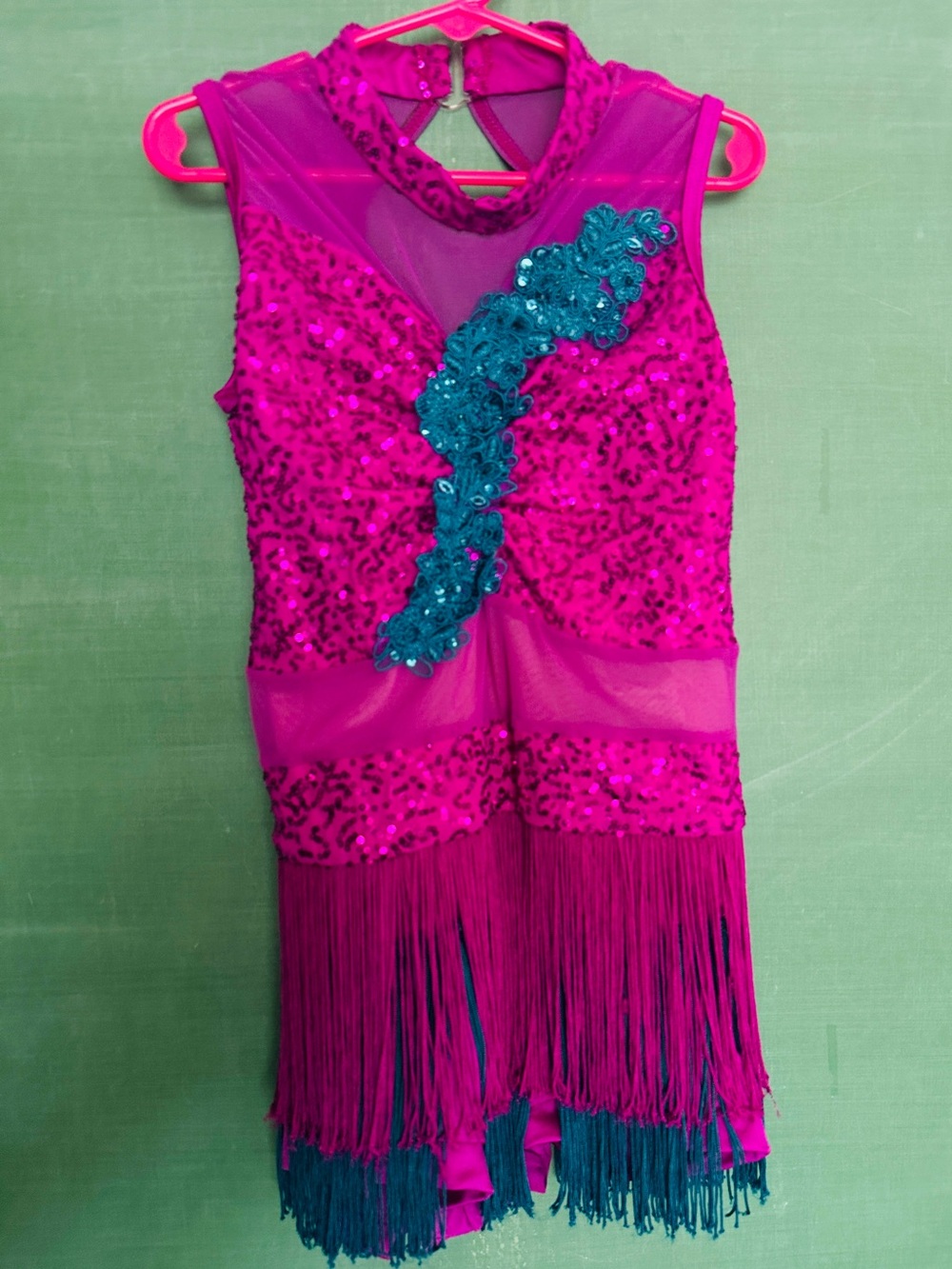 Weissman Hot Pink Sequin Fringe Dance Costume with Teal Applique